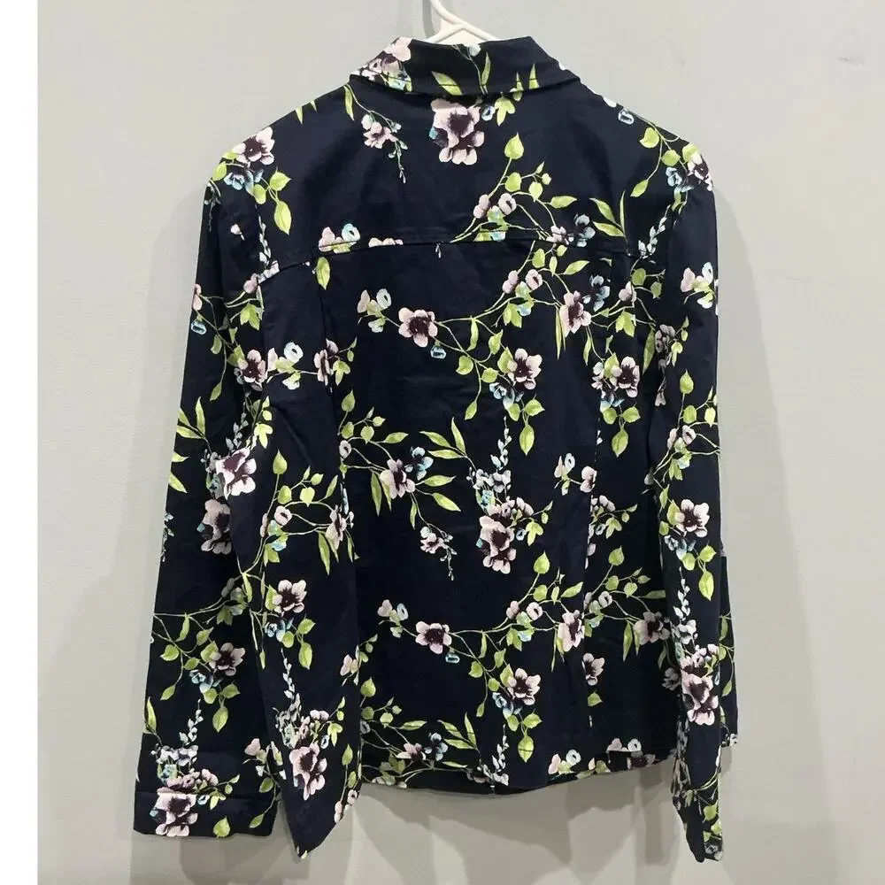 Chicos Womens Full Zip Cotton Jacket Size 3 XL Navy Blue Floral Cottagecore Work